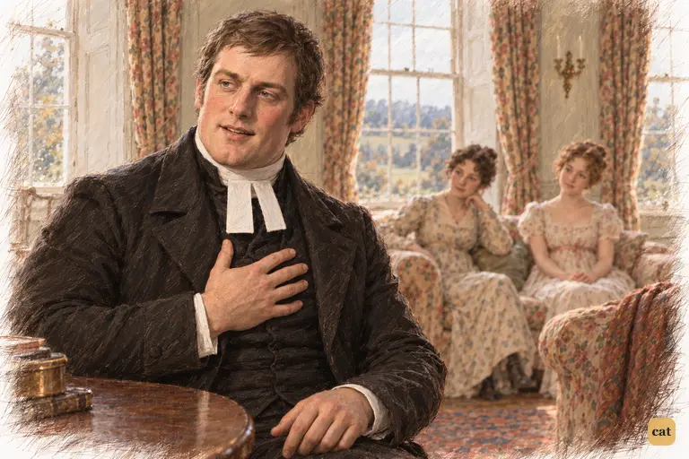 Mr. Collins presses his hand to his waistcoat and directs a weighty look toward Jane and Elizabeth.