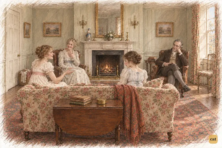 Lydia eagerly shares her aunt's officer gossip with Mrs. Bennet.