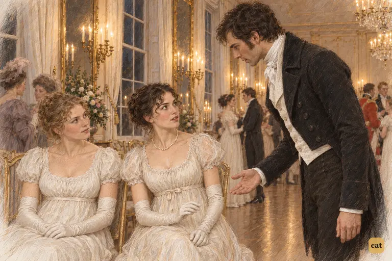 Darcy bows before Elizabeth at the Netherfield ball, catching her mid-conversation with Charlotte.
