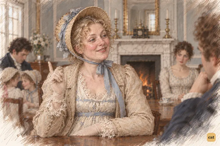 Mrs. Bennet cheerfully judges the Lucas girls, lifting a finger toward Bingley