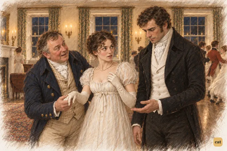 Sir William carries Elizabeth’s hand towards Darcy with eager gallantry.