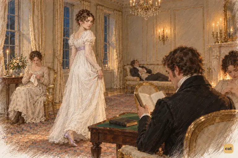 Caroline Bingley displays her elegant carriage, directing a sideways glance toward Darcy.