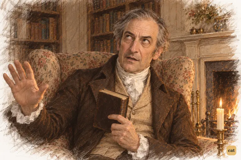 Mr. Bennet interrupts his wife's account of the ball with a raised palm and wearily lifted eyes.