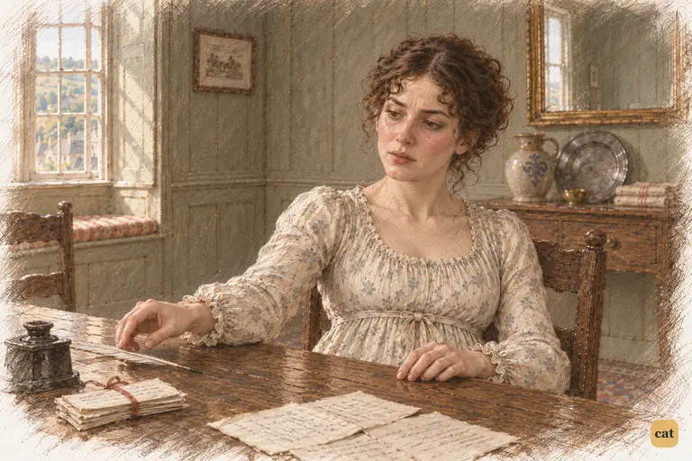 Elizabeth releases her quill beside the finished notes.