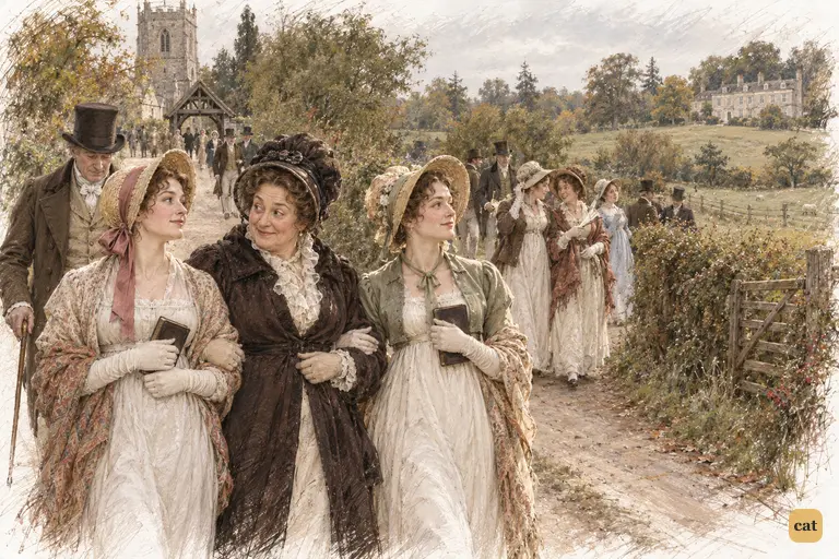 Hertfordshire families stroll home from church, daughters glancing toward Netherfield Park