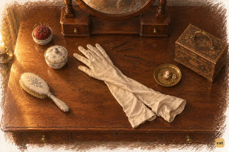 Jane's discarded evening gloves rest beside the looking-glass