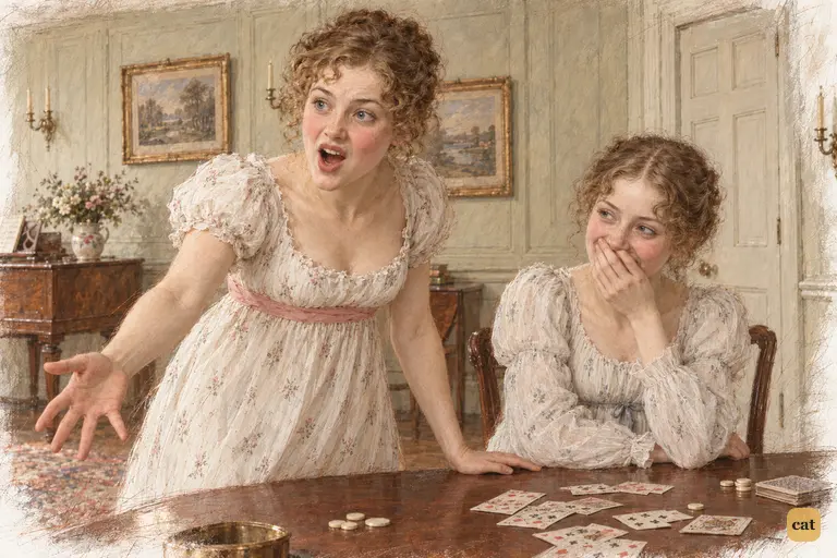 Lydia half-rises at the card-table, loudly challenging Sir William’s announcement.
