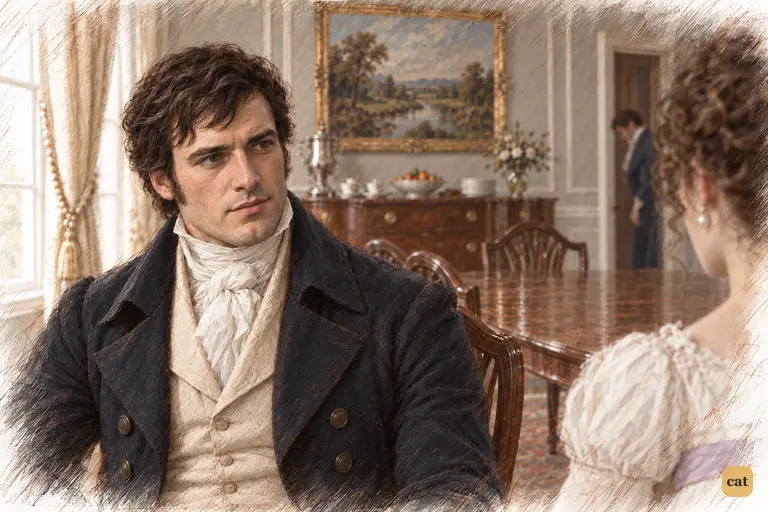 Darcy keeps his attention on the doorway through which Elizabeth has gone.