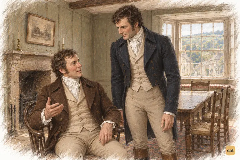 Darcy inclines toward the seated Mr. Gardiner, answering him with quiet, attentive courtesy.