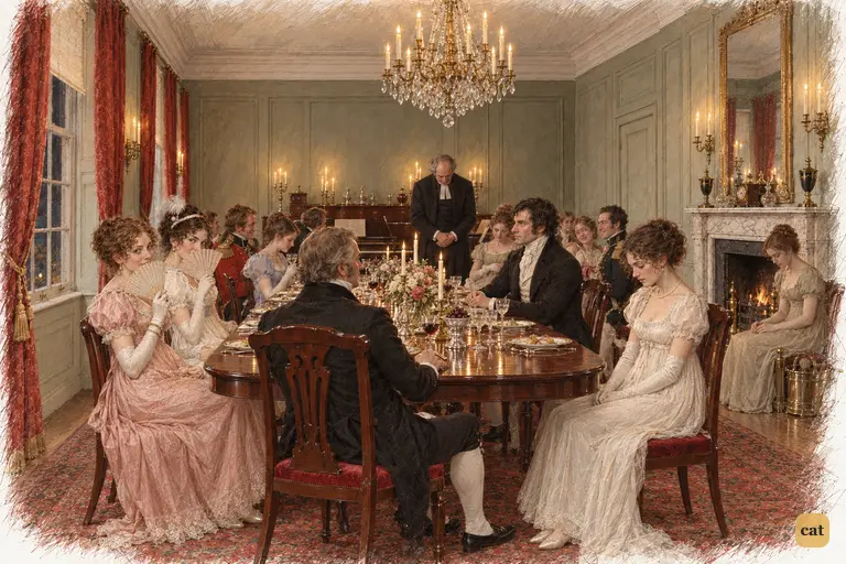 Elizabeth goes still as Caroline and Louisa smirk and Darcy receives Collins in silence