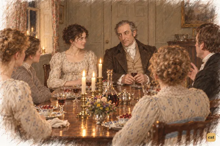 Mr. Bennet maintains a grave face while Mr. Collins talks on.