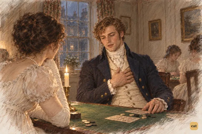 Wickham invokes the memory of Darcy’s father with lowered eyes and a hand over his heart.