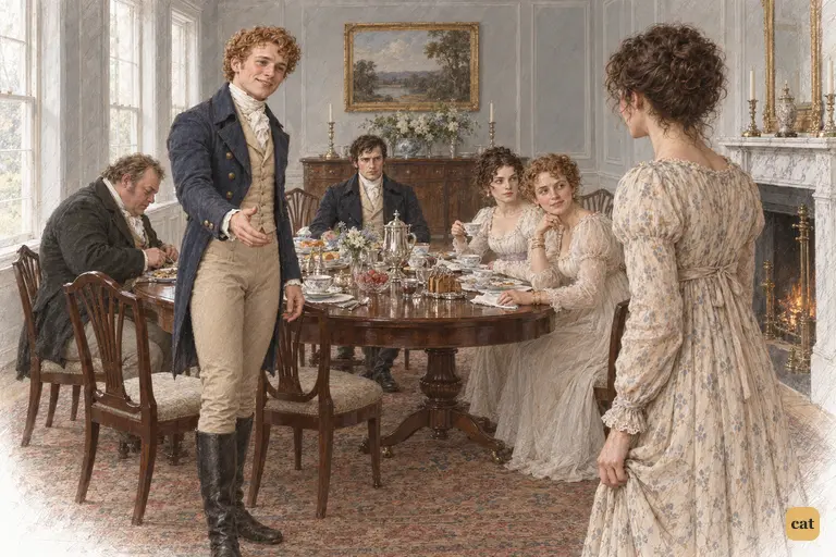 Elizabeth’s arrival stills the elegant breakfast-parlour.