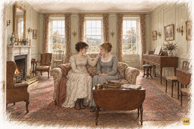 Elizabeth quietly confides Jane’s secret to Charlotte on the small sofa at Longbourn.