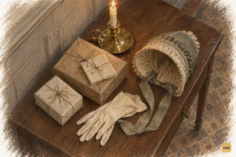Shopping parcels, pale gloves and a laid-aside bonnet rest on the Gardiners’ hall-table.