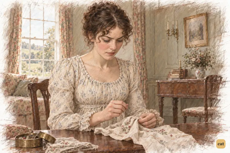 Elizabeth Bennet sits rigidly over her needlework, the needle arrested above a gathered fold.