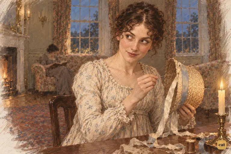Elizabeth pauses mid-stitch as Mr. Bennet's sly remark reaches her.