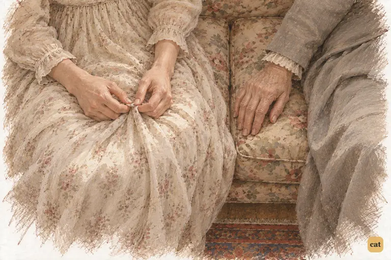 Elizabeth gathers a small fold of her gown as she acknowledges her imprudence.
