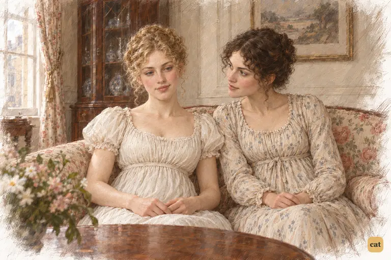 Elizabeth quietly studies Jane’s gentle smile in the Gardiners’ drawing-room.