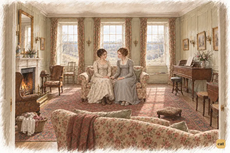 In the emptied drawing-room, Mrs. Gardiner leans toward Elizabeth with a kindly warning
