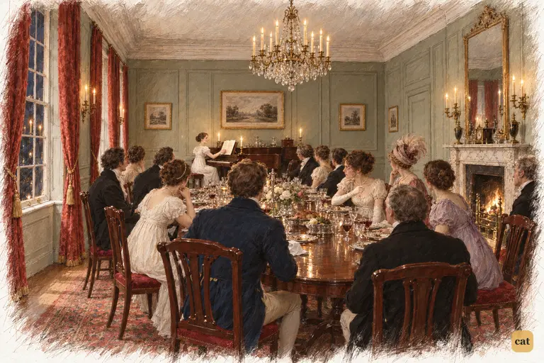 Mary arranges her music at the pianoforte while Elizabeth silently appeals to her