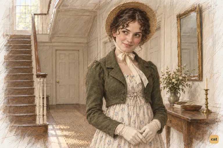 Elizabeth pauses beside the hall table, holding back a delightful jest as she listens to Darcy.