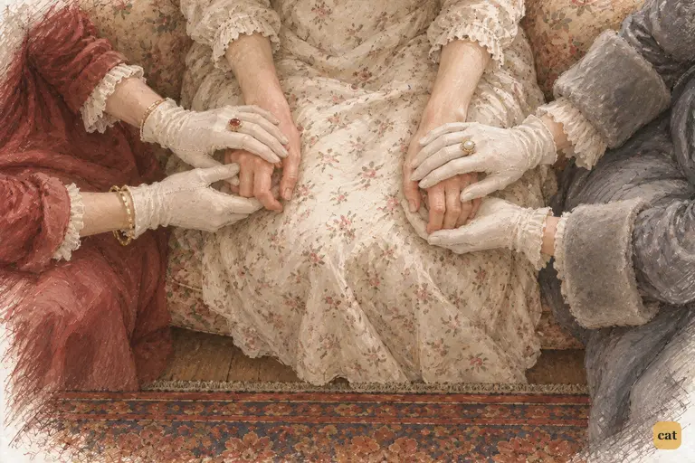 Caroline and Louisa enclose Jane’s bare hands in two elaborate clasps.