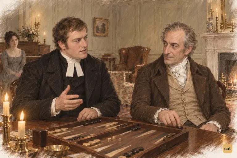 Mr. Collins recovers his dignity by offering a game of backgammon.