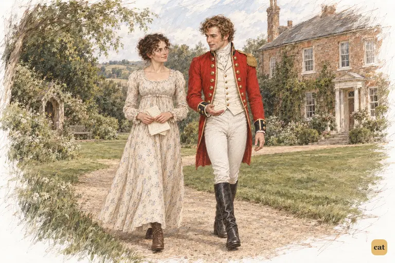 Wickham offers pleasant wishes for Georgiana as he walks towards Longbourn with Elizabeth.