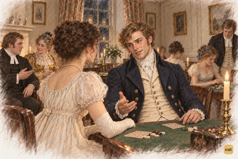 Wickham quietly tells Elizabeth that Lady Catherine is Darcy’s aunt.