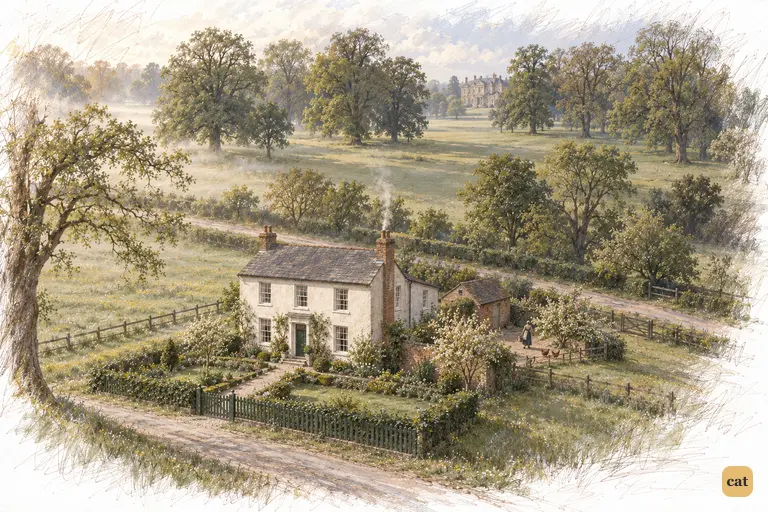Hunsford Parsonage sits small beneath Rosings park in the pale light of departure morning