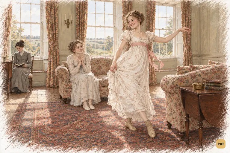 Lydia rehearses a dance step while Kitty laughs and claps, turning hopes of Mr. Bingley into a game.
