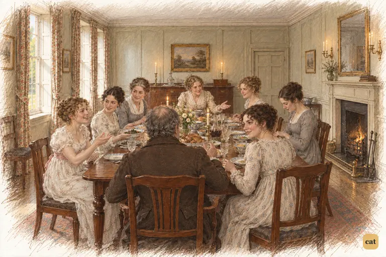 Mrs. Bennet welcomes Jane to the family dinner as Mr. Bennet leans toward Elizabeth