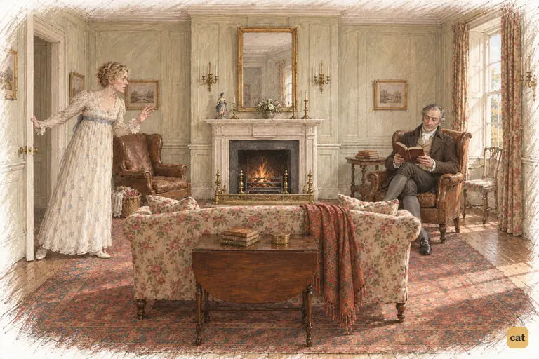 Mrs. Bennet steps into the quiet drawing-room with news of Netherfield.