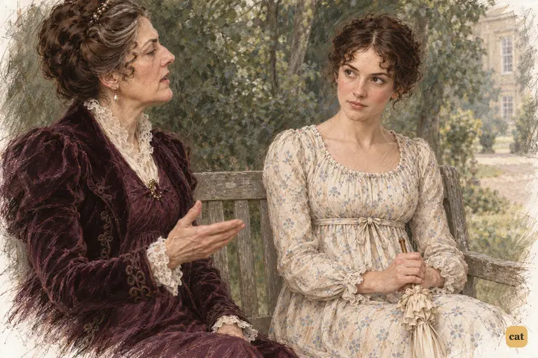 Lady Catherine asserts the boundaries of inherited rank from the garden seat at Longbourn.
