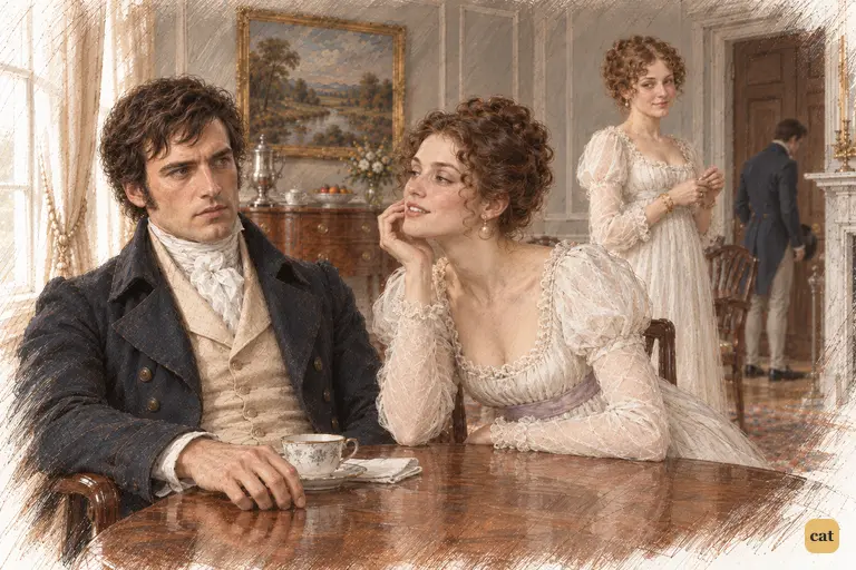 Miss Bingley leans toward Darcy with brittle mockery of Elizabeth’s fine eyes.