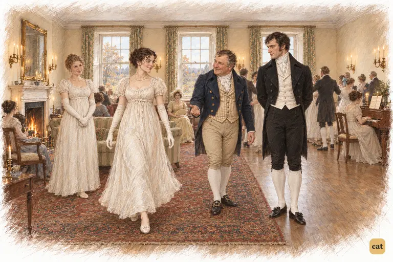 Elizabeth crosses the room as Sir William brightens with a gallant idea.