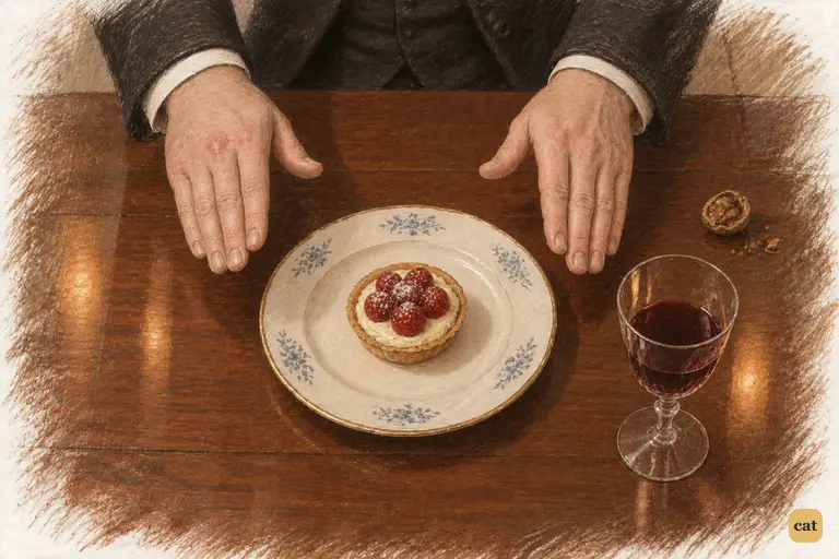 Mr. Collins solemnly measures an imaginary shelf, as Lady Catherine suggested