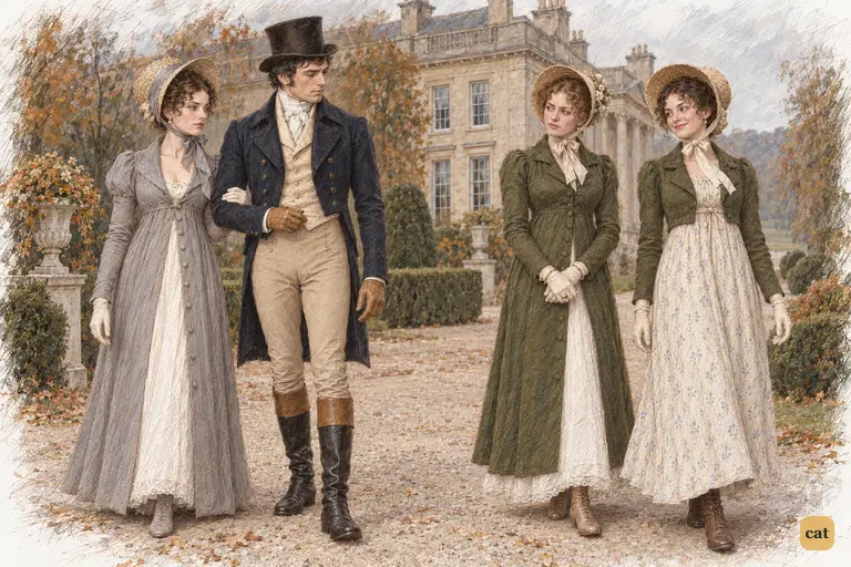 Elizabeth and Mrs. Hurst emerge from a joining walk just as Darcy and Caroline halt at the junction.