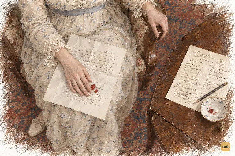 Bingley's polite refusal lies open in Mrs. Bennet's lap beside her planned dinner courses