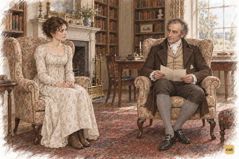 Elizabeth and Mr. Bennet settle into their library chairs beside the fireplace.