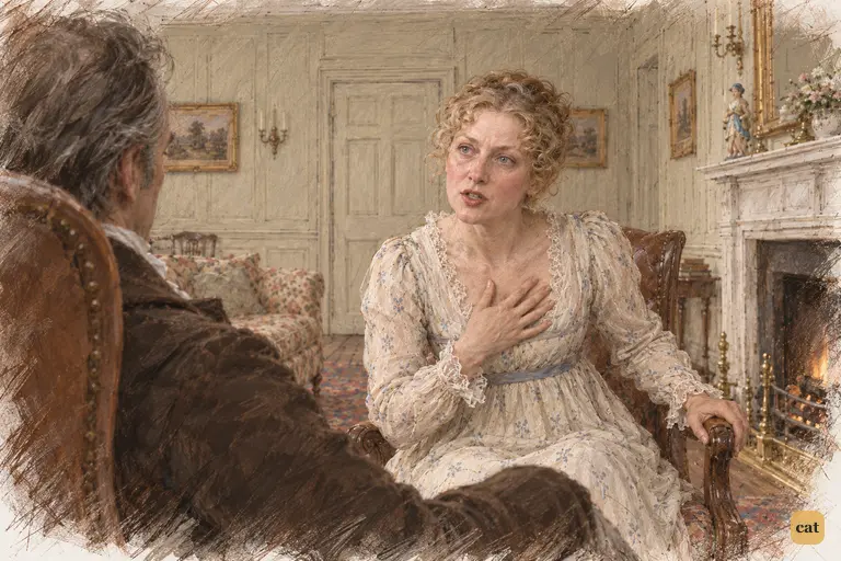 Mrs. Bennet leans forward to defend her daughters, her maternal pride stung.