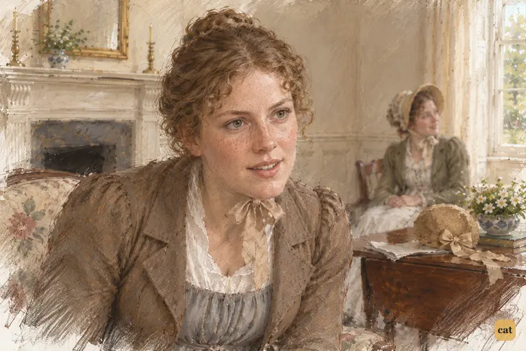 Charlotte leans by the hearth, suggesting Darcy's visit shows his love for Elizabeth