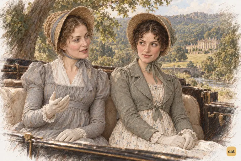 Mrs. Gardiner and Elizabeth discuss their visit as the carriage carries them away from Pemberley.