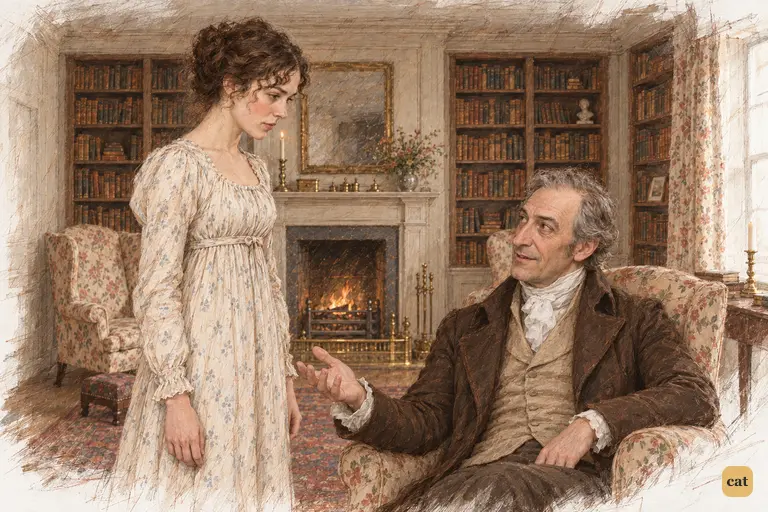 Mr. Bennet answers Elizabeth’s earnest warning with affectionate teasing.