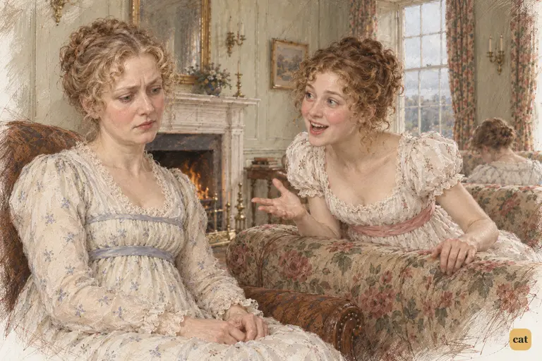 Lydia leaps up at news of officers while Mrs. Bennet sinks into disappointment