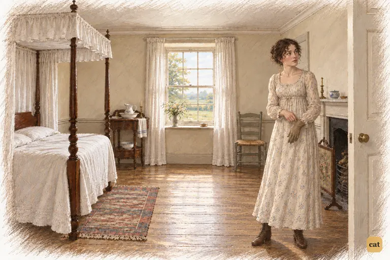 Elizabeth pauses at her open chamber door, glove half on, listening to commotion below