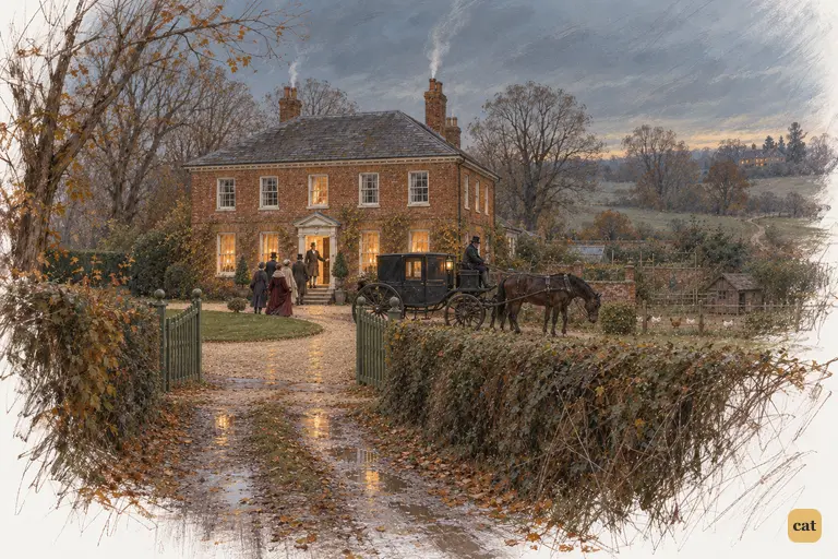 The Bennets arrive at Lucas Lodge for dinner as November dusk settles over the cold lane.