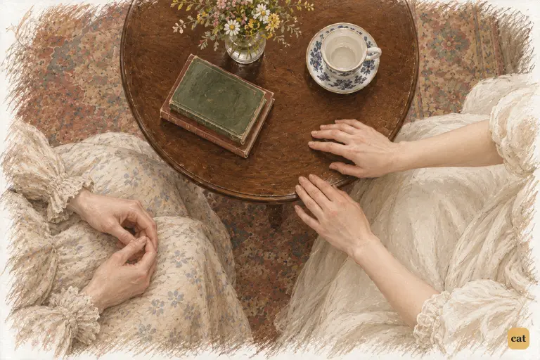 Elizabeth's gathered hands hide her gratitude to Darcy; Jane's resting hands show concern