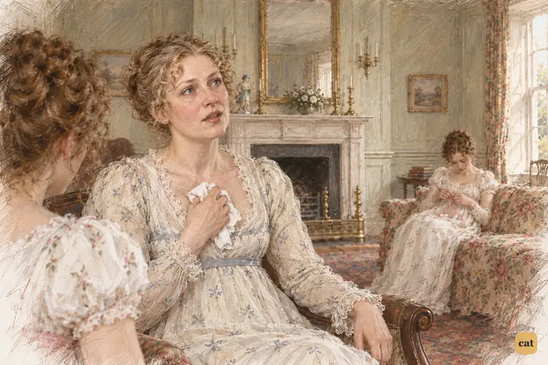Mrs. Bennet presses her handkerchief to her heart, recalling Colonel Millar’s regiment